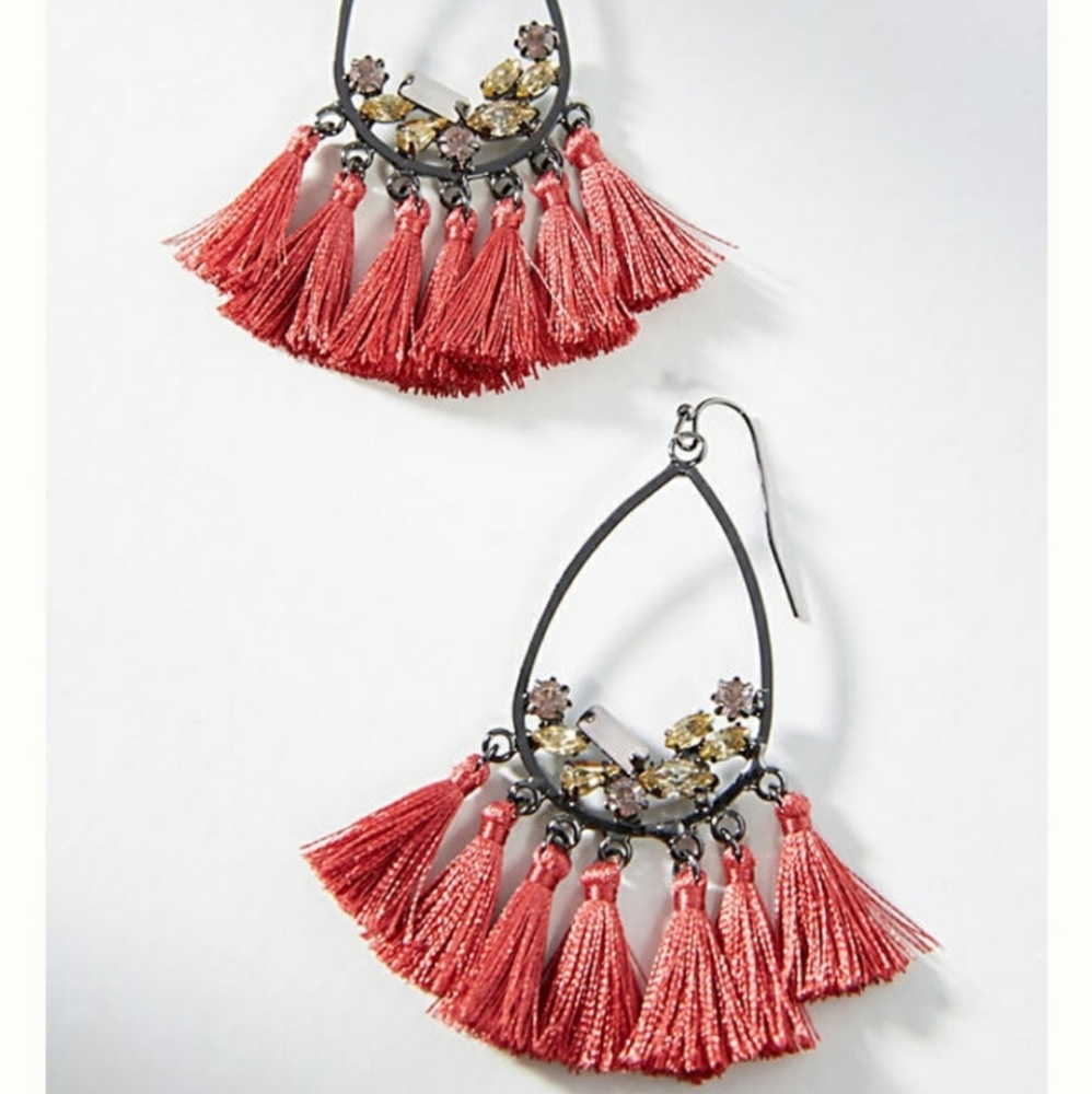 Anthropologie Festive Red Fringe Drop Dangle Earrings Christmas New Year's Eve